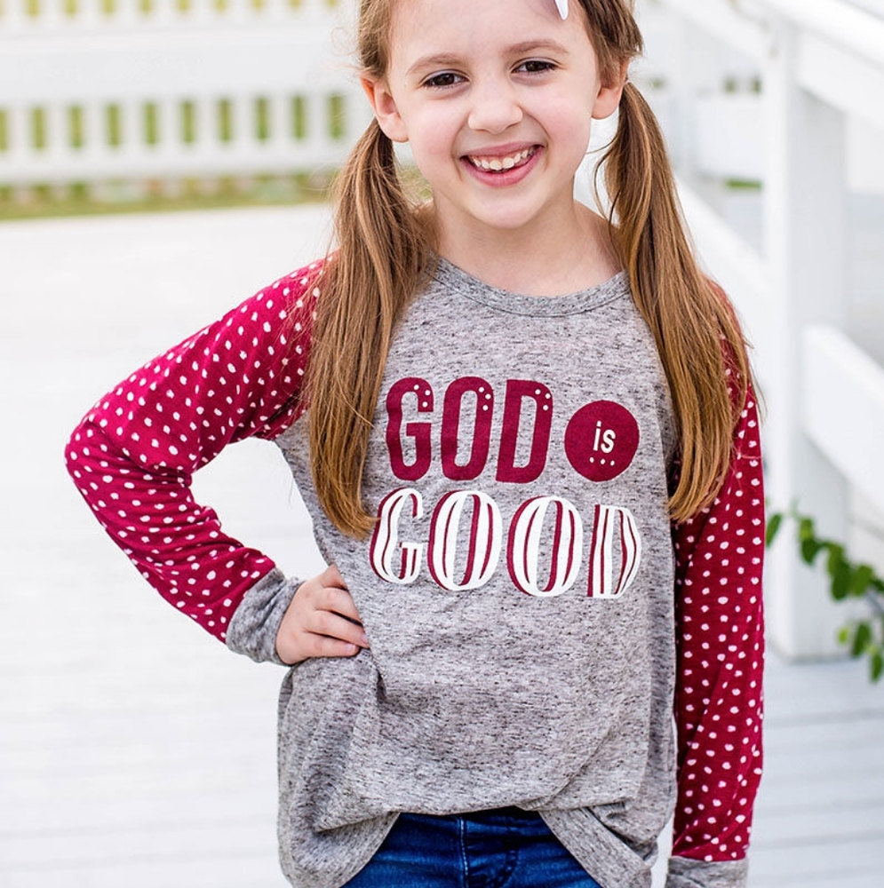 God is Good on Grey Longsleeve with Polka Dot Slee